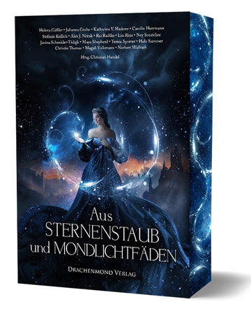 Das Cover zeigt eine junge Frau in einem dunkelblauen Abendkleid in einem Kreis auf Mondlichtfäden und umgeben von Sternen. Darunter sieht man den Titel.